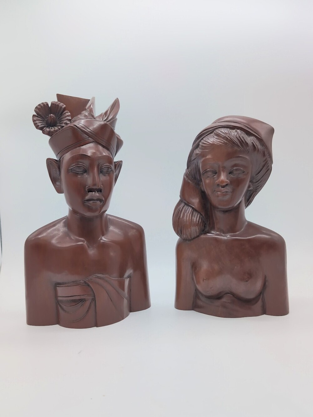 Anak Agung Fatimah Balinese Hand-Carved Brown Wood Bust Sculptures 1960